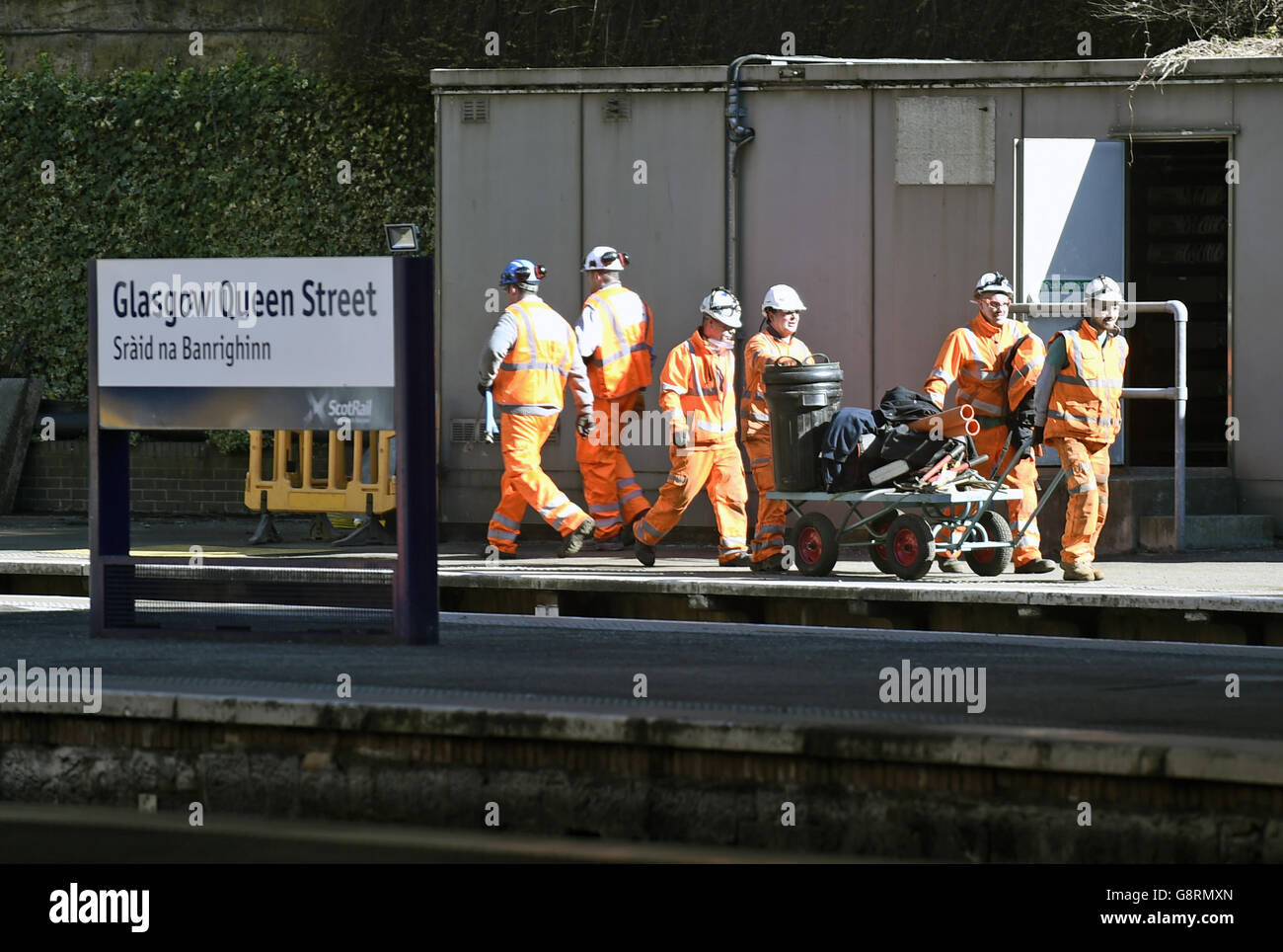 Engineering works at Queen Street Station in Glasgow, as rail commuters are advised to plan their trips and expect longer journey times as the major rail tunnel renovation got under way. Stock Photo