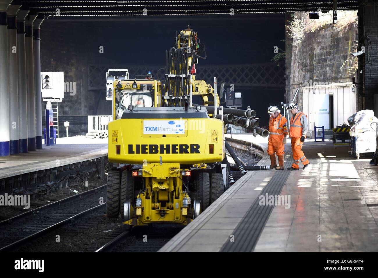 Engineering works at Queen Street Station in Glasgow, as rail commuters are advised to plan their trips and expect longer journey times as the major rail tunnel renovation got under way. Stock Photo