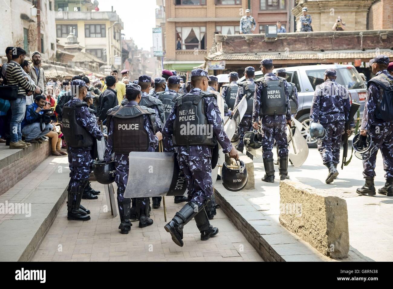 Police at Patan Durbar Square ahead of Prince Harry's visit Kathmandu's historic UNESCO World Heritage Site, which was damaged in the 2015 earthquake, during the second day of his tour of Nepal. Stock Photo
