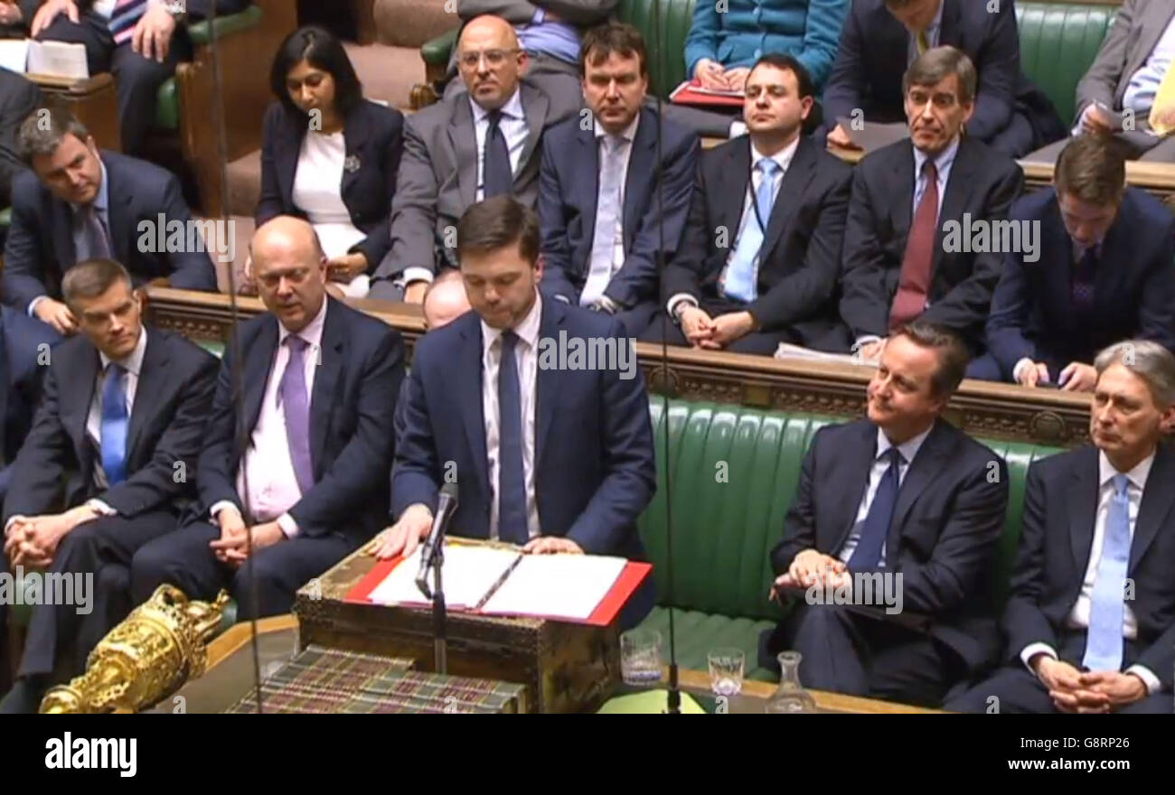 The new Secretary of State for Work and Pensions Stephen Crabb speaking in the House of Commons in London. Stock Photo