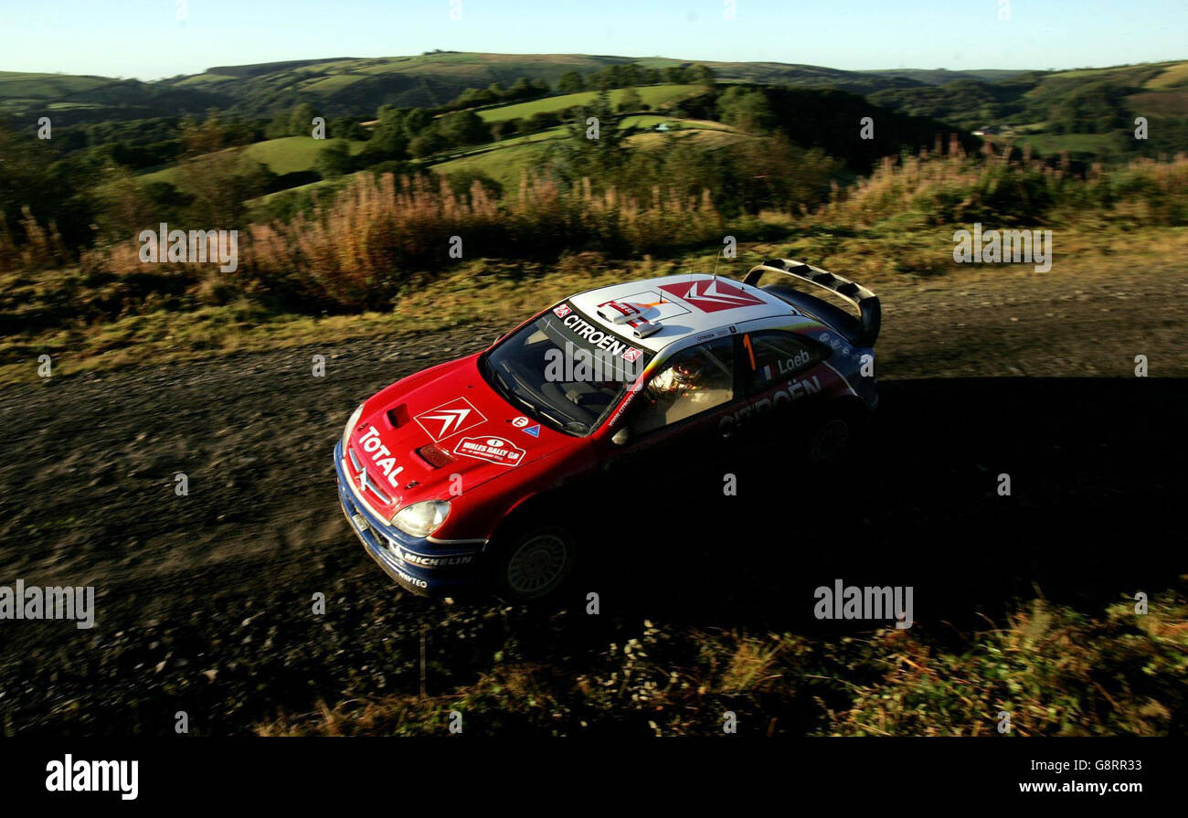 France's Sebastien Loeb drives his Citroen Xsara through the first stage of the Wales Rally GB in Brechfa, Wales, Friday September 16, 2005. PRESS ASSOCIATION Photo. Photo credit should read: David Davies/PA. Stock Photo