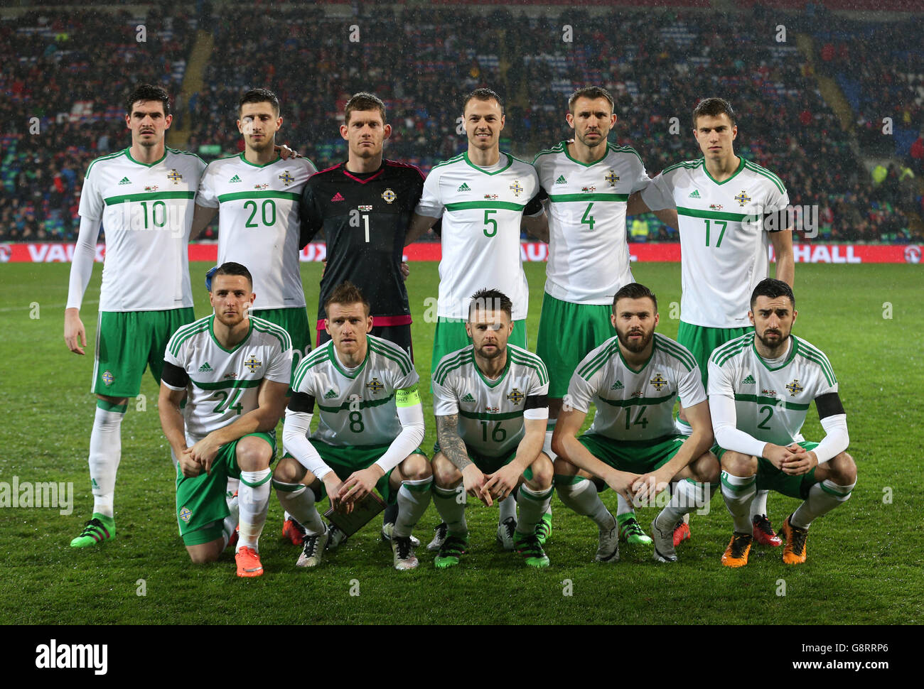 Northern Ireland's (back row left-right) Kyle Lafferty, Craig Cathcart, Michael McGovern, Jonny Evans, Gareth McAuley, Paddy McNair (front row left-right) Conor Washington, Steven Davis, Oliver Norwood, Stuart Dallas and Conor McLaughlin line up for a team photo prior to the International Friendly at the Cardiff City Stadium, Cardiff. Stock Photo