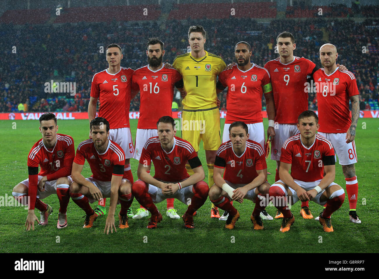 Wales Team photo (top row left-right) James Chester, Joe Ledley, Wayne Hennessey, Ashley Williams, Sam Vokes and David Cotterill (bottom row left-right) Tom Lawrence, Adam Matthews, Chris Gunter, David Vaughan and George Williams during the International Friendly at the Cardiff City Stadium, Cardiff. Stock Photo
