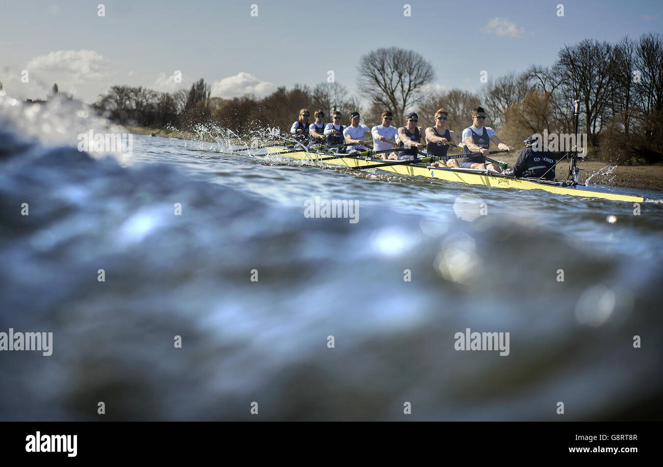 The Oxford crew (from left: George McKirdy, James White, Morgan Gerlak, Joshua Bugajski, Leo Carrington, Jorgen Tveit, Jamie Cook, Nik Hazell and cox Sam Collier) in action during a media day at Thames Rowing Club, London. Stock Photo
