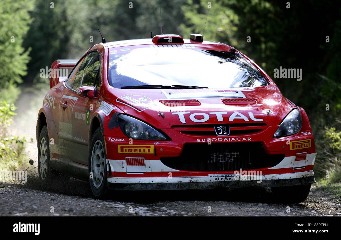 Previously un-issued photo dated 16/09/2005 of the Peugeot 307 driven by Markko Martin with co-driver Michael Park during the Trawscoed stage of the Wales GB Rally, Wales. Co-driver Park has been killed in an accident during stage 15 of Wales Rally GB, Sunday September 18, 2005. See PA story AUTO Rally Death. PRESS ASSOCIATION Photo. Photo credit should read: David Davies/PA. Stock Photo