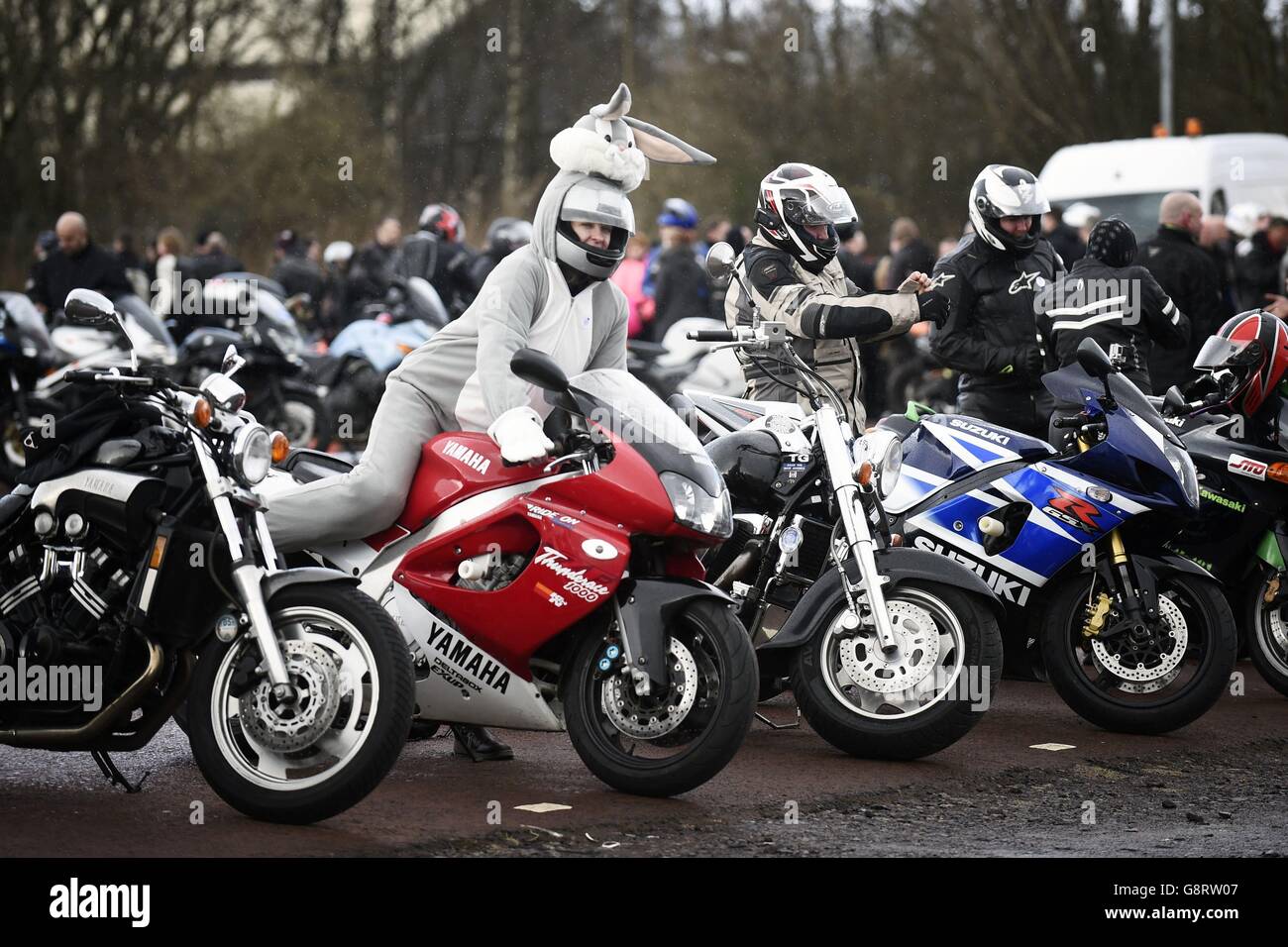 Bikers from across Scotland take part in the annual Easter Egg run event, as more than 1,000 bikers, many in fancy dress, ride in the yearly Scottish parade which raises money for Glasgow Children's Hospital Charity. Stock Photo