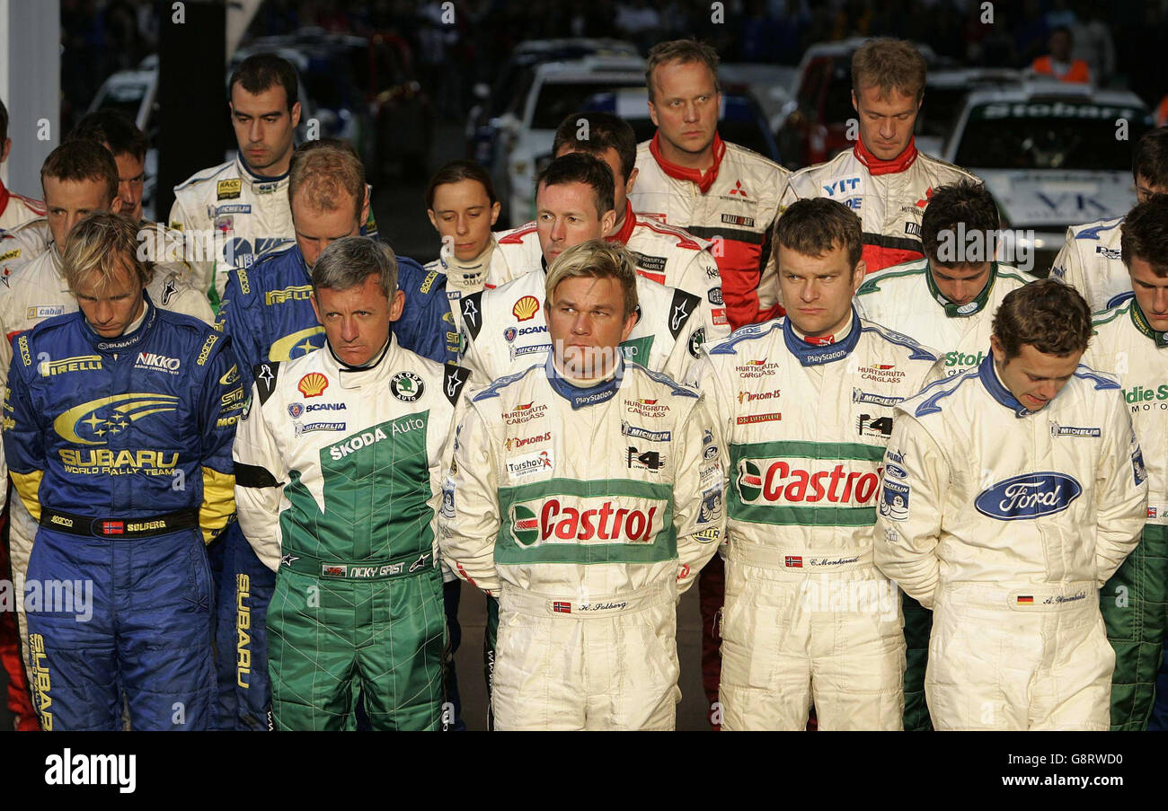 Rally drivers drivers and co-drivers observe a minutes silence in the Millennium stadium for the death of Michael Park at the end of the Rally Britain in Wales, Sunday September 18, 2005. Markko Martin's co-driver Park died in a crash in their Peugeot 307 WRC at the Margam Park stage of the rally. See PA story AUTO Rally Death. PRESS ASSOCIATION Photo. Photo credit should read: PA. Stock Photo