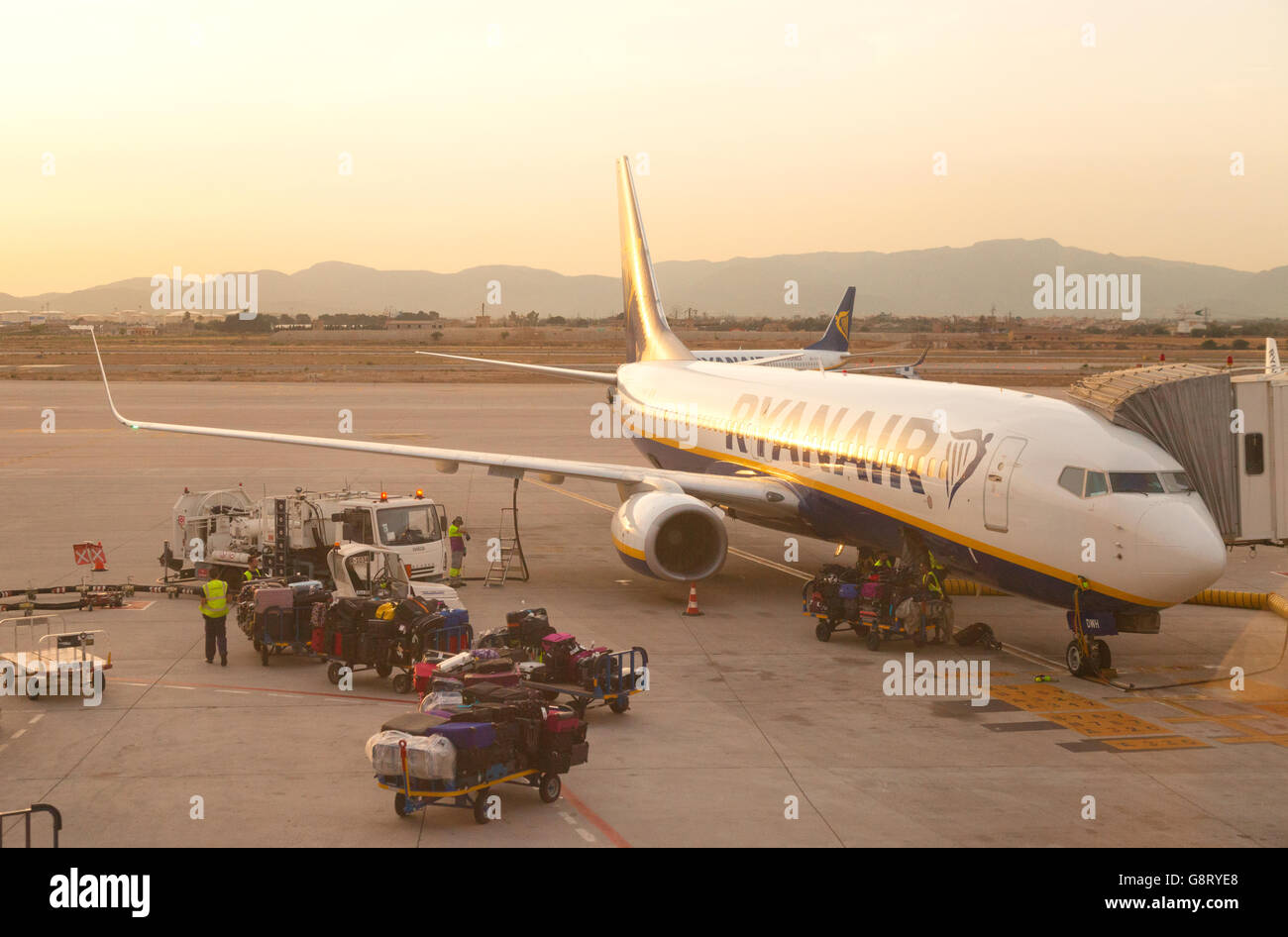Ryanair plane on the ground, Palma Airport, Majorca ( Mallorca ), Balearic Isles, Spain Europe Stock Photo