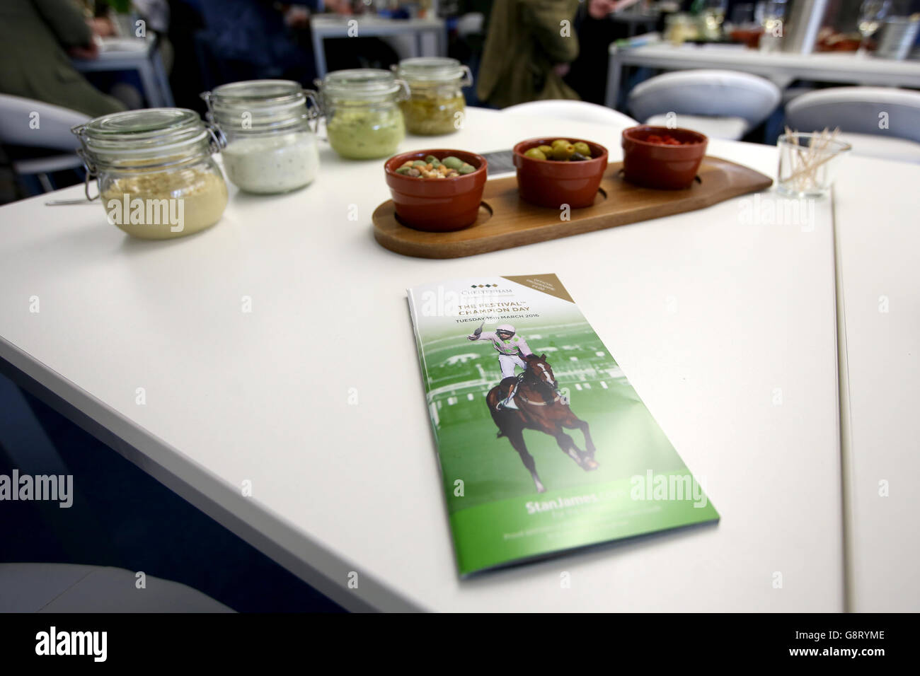 Champions Walk hospitality suite during Champion Day at the 2016 Cheltenham Festival at Cheltenham Racecourse. Stock Photo