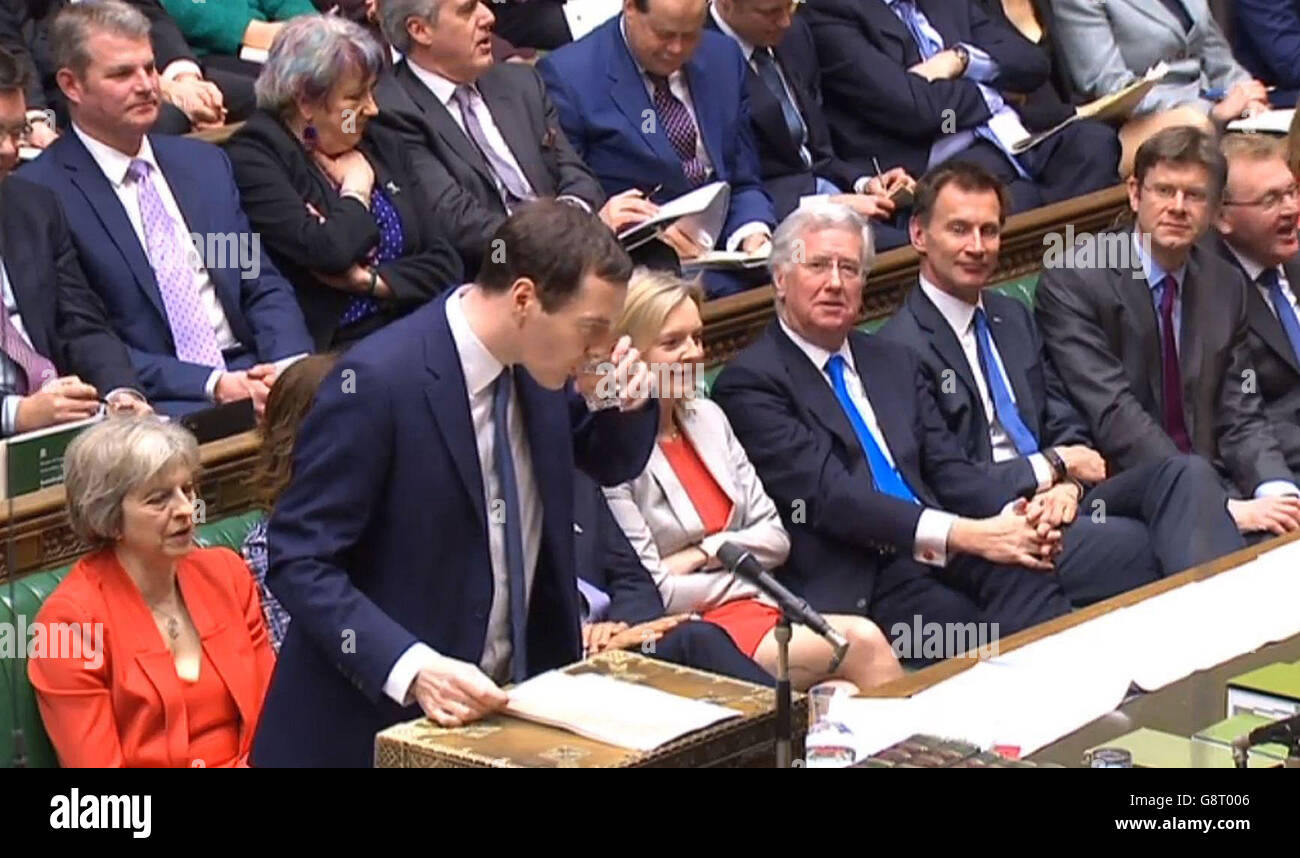 Chancellor of the Exchequer George Osborne pauses for a drink as he delivers his Budget statement to the House of Commons, London. Stock Photo