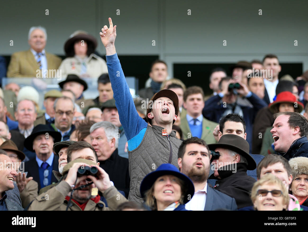 A racegoer cheers in the crowd during Ladies Day at the 2016 Cheltenham Festival at Cheltenham Racecourse. Stock Photo