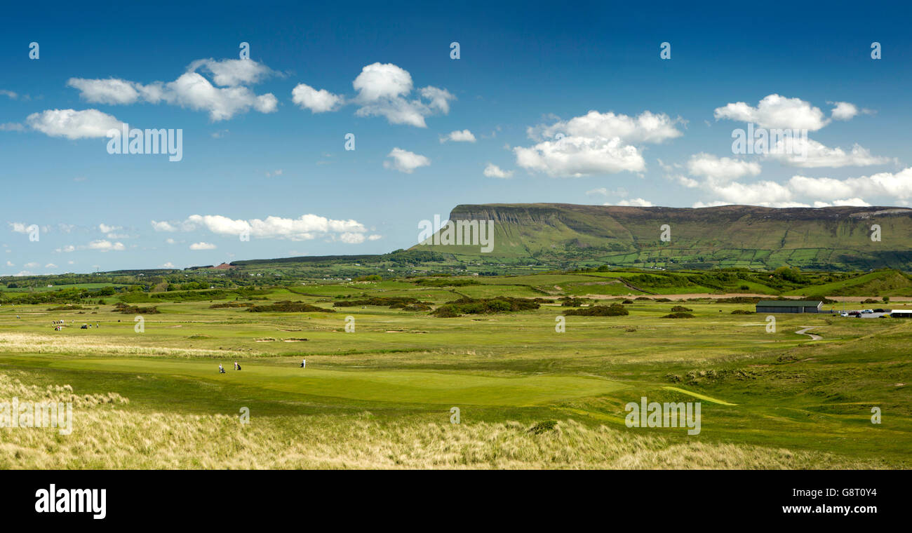 Ireland, Co Sligo, Rosses Point, Benbulben and Dartry Mountains from across the Golf Course, panoramic Stock Photo