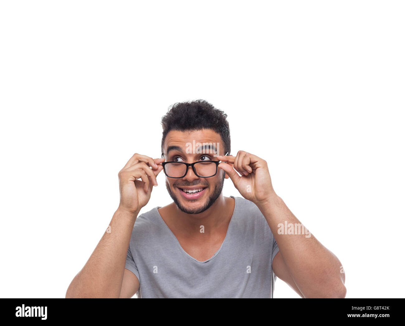 Casual Man Hold Eye Glasses Young Businessman Look Aside Stock Photo