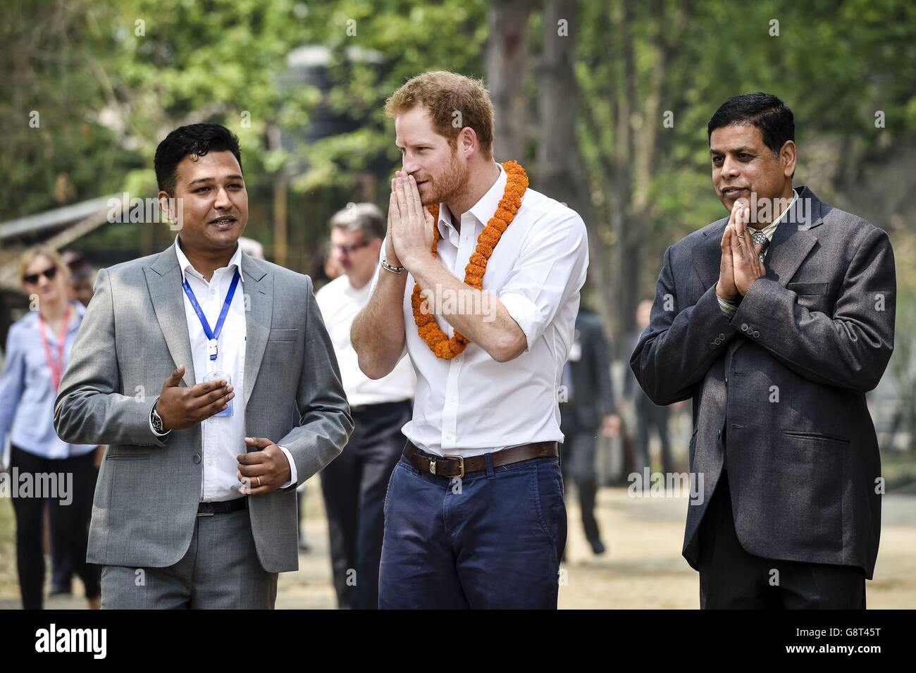 Prince Harry greets students and staff at the Samo Thimi Technical School, Bhaktapur, Nepal, which provides technical skills to underprivileged young Nepalese. Stock Photo
