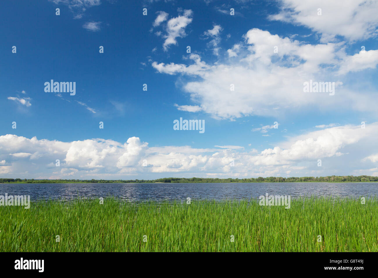 Landscape with river and cloudy sky. Sunny summer scene Stock Photo - Alamy
