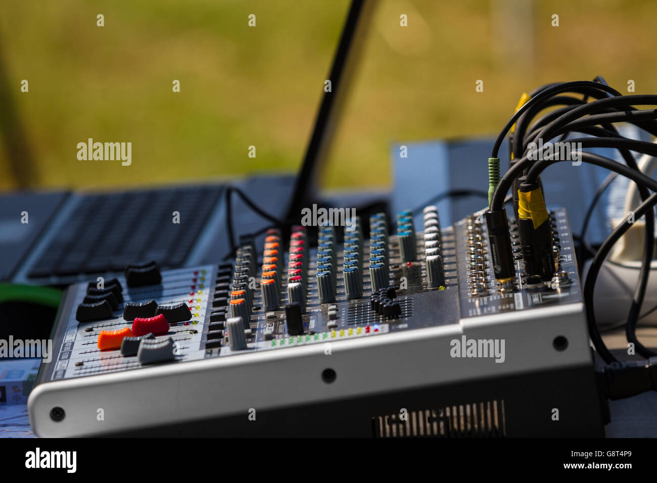 Close up of a old studio mixing table. Audio sound mixer control panel
