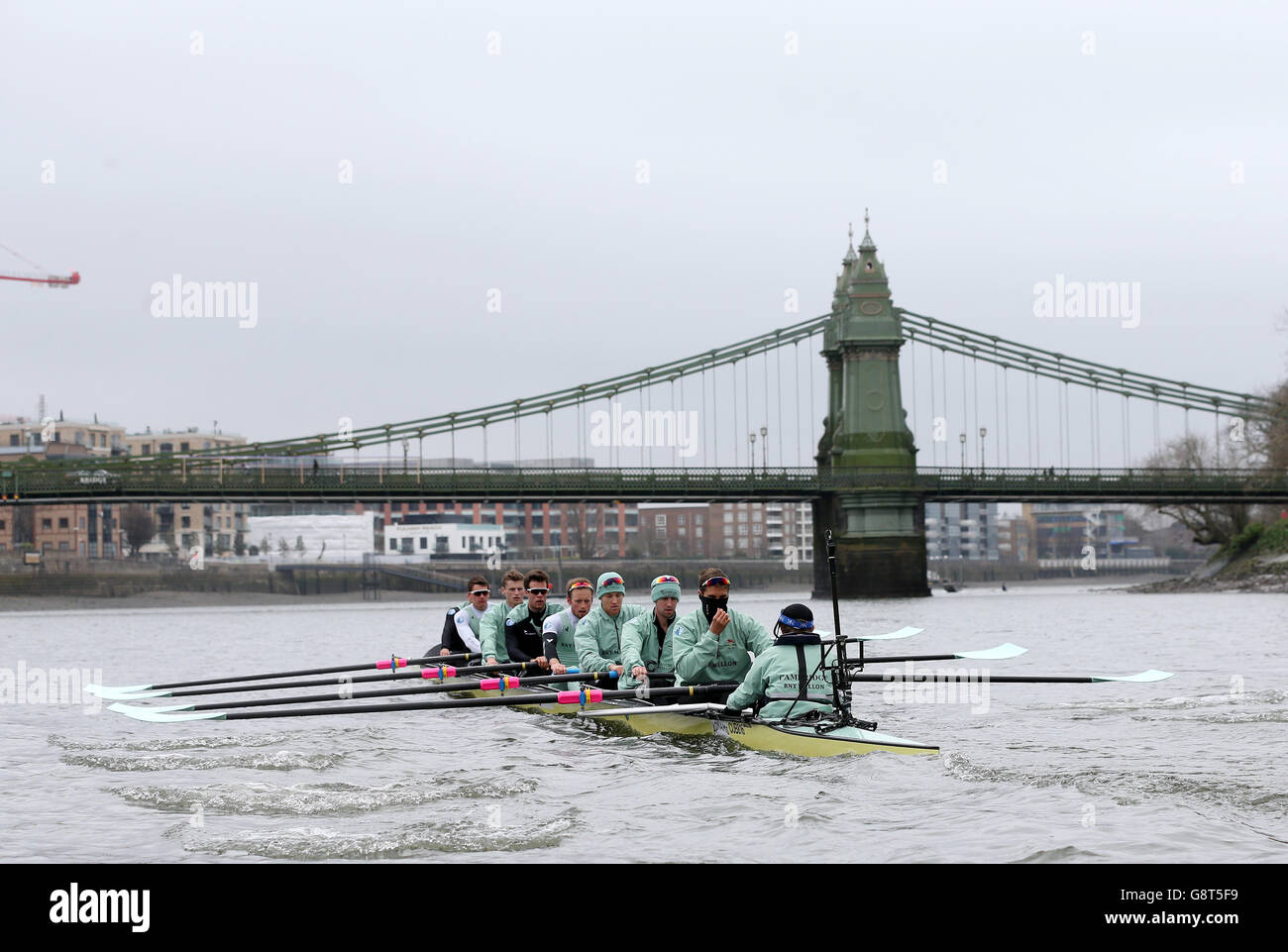 The Cambridge crew during a training session at Thames Rowing Club
