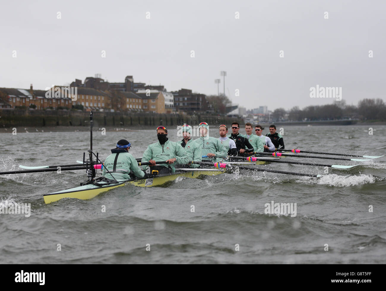 The Cambridge crew during a training session at Thames Rowing Club