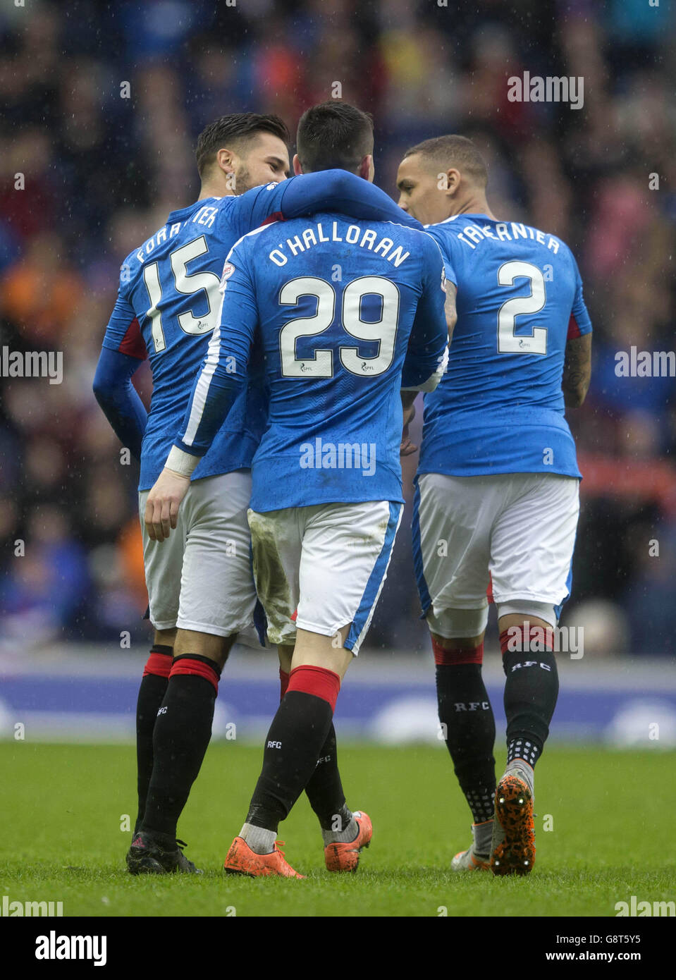 Rangers' Andy Halliday, Michael O'Halloran and James Tavernier during the Ladbrokes Scottish Championship match at the Ibrox Stadium, Glasgow. Stock Photo