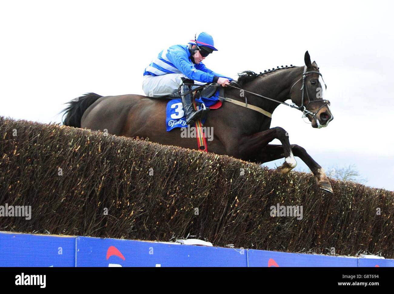 Mr Diablo ridden by Luke Dempsey jumps the last before winning the Fairyhouse Vets Promoting Equine Health Beginners Chase during day three of the Easter Festival at Fairyhouse Racecourse, Co. Meath, Ireland. Stock Photo