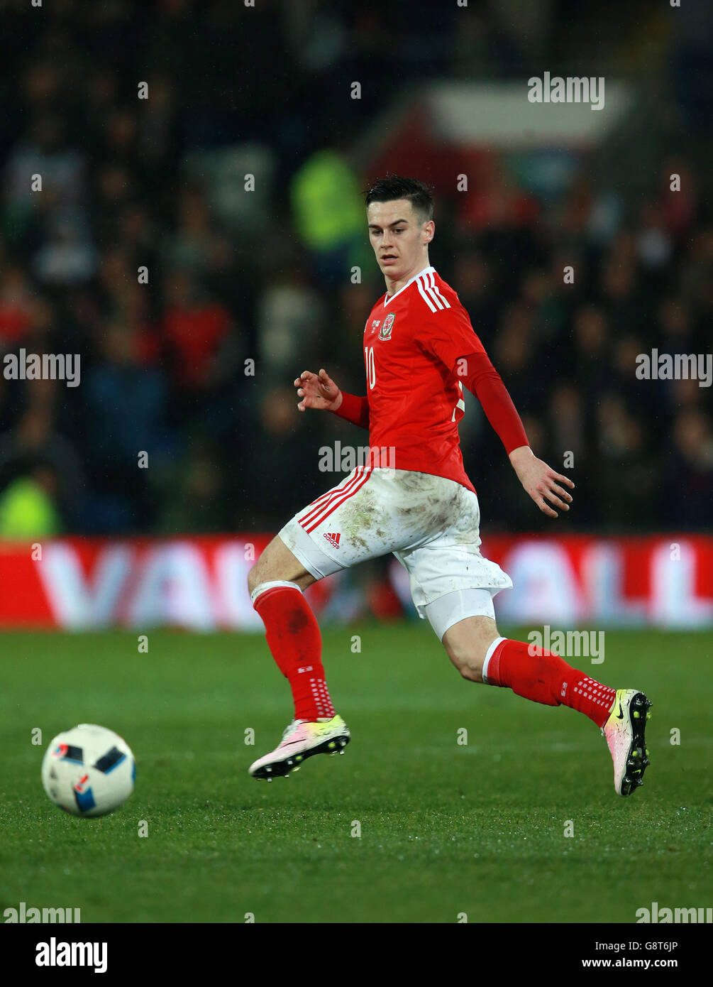 Wales' Tom Lawrence during the International Friendly at the Cardiff City Stadium, Cardiff. Stock Photo