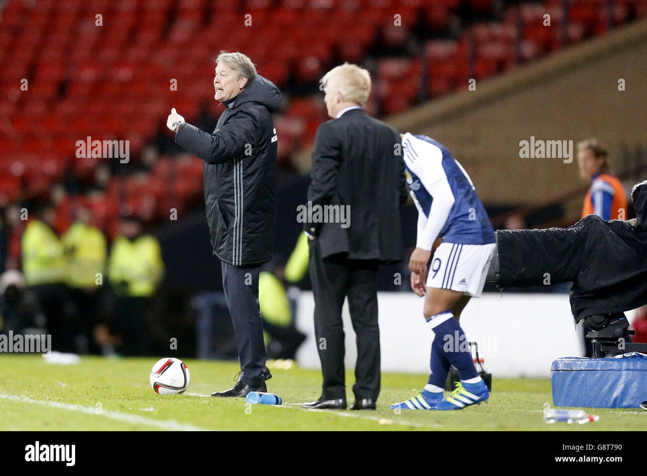 Denmark manager Age Hareide gestures on the touchline an International Friendly at Hampden Park, Glasgow. Stock Photo