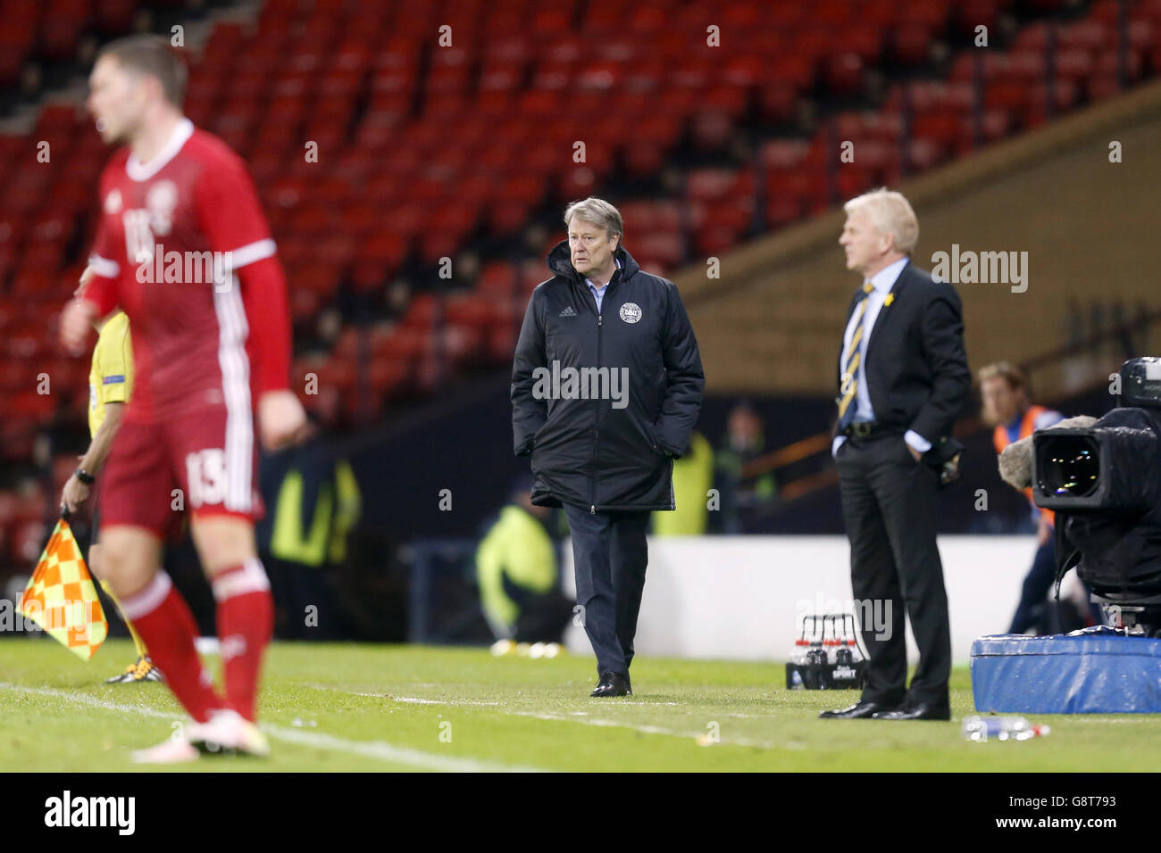 Denmark manager Age Hareide (centre) on the touchline an International Friendly at Hampden Park, Glasgow. Stock Photo