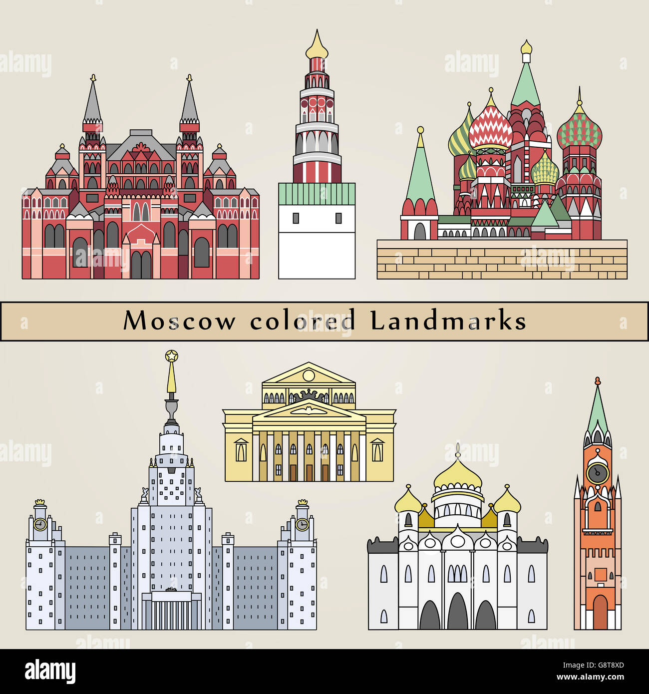 Moscow colored Landmarks in editable vector file Stock Photo