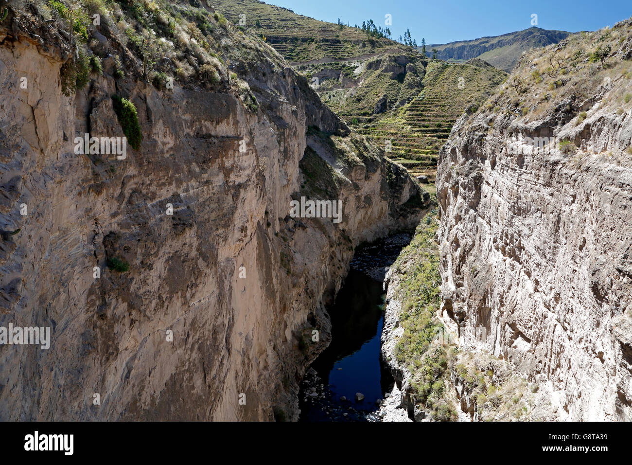 Colca River and stone cliffs near Yanque, Colca Canyon, Arequipa, Peru Stock Photo