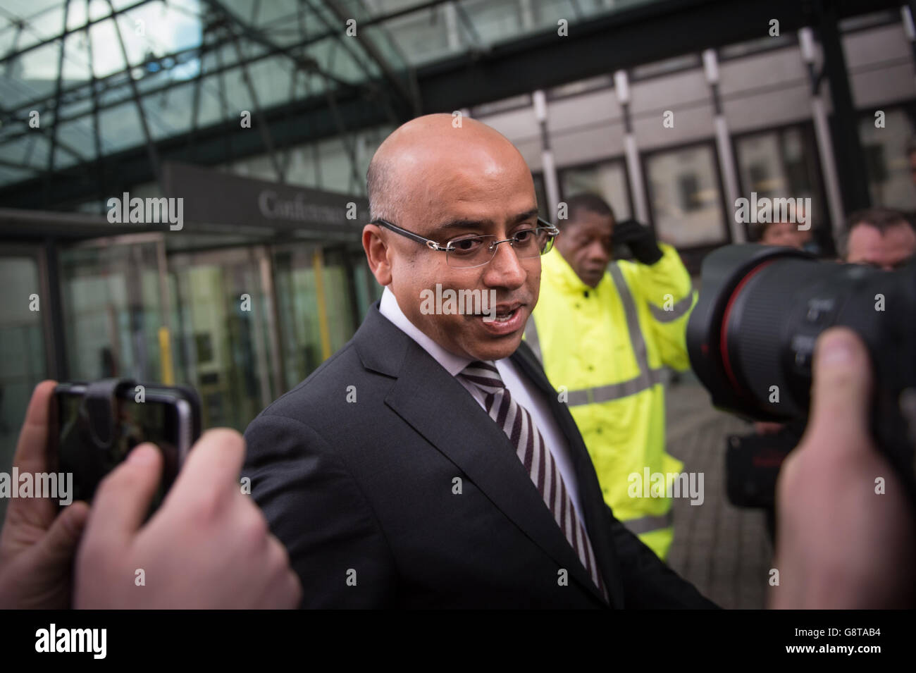 Sanjeev Gupta, the head of the Liberty Group, arrives at the Department for Business, Innovation & Skills in London for talks with the Government over the prospect of taking over the loss-making assets of Indian giant Tata. Stock Photo