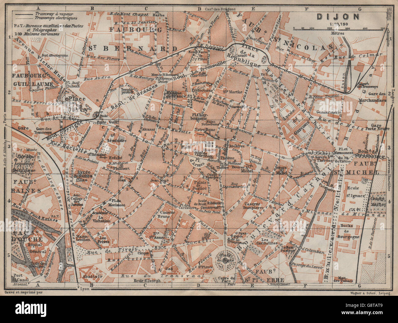 DIJON antique town city plan de la ville. Côte-d'Or. Bourgogne carte, 1909 map Stock Photo