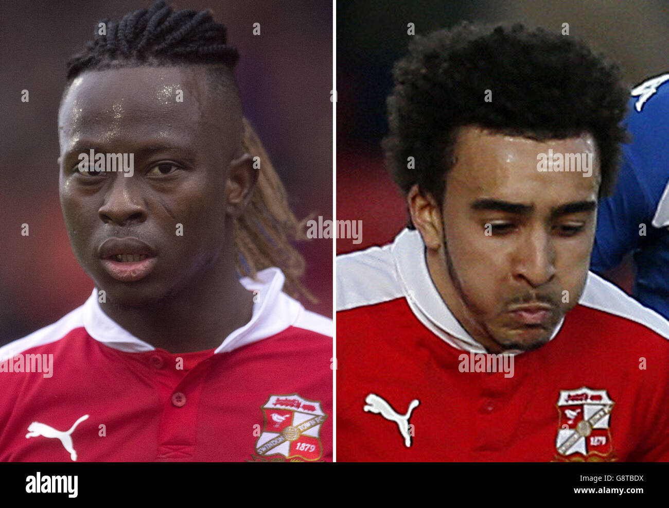 Undated file photos of Swindon Town's Drissa Traore (left) and Brandon Ormonde-Ottewill, two of three footballers have been suspended by their club following reports they inhaled nitrous oxide. Stock Photo