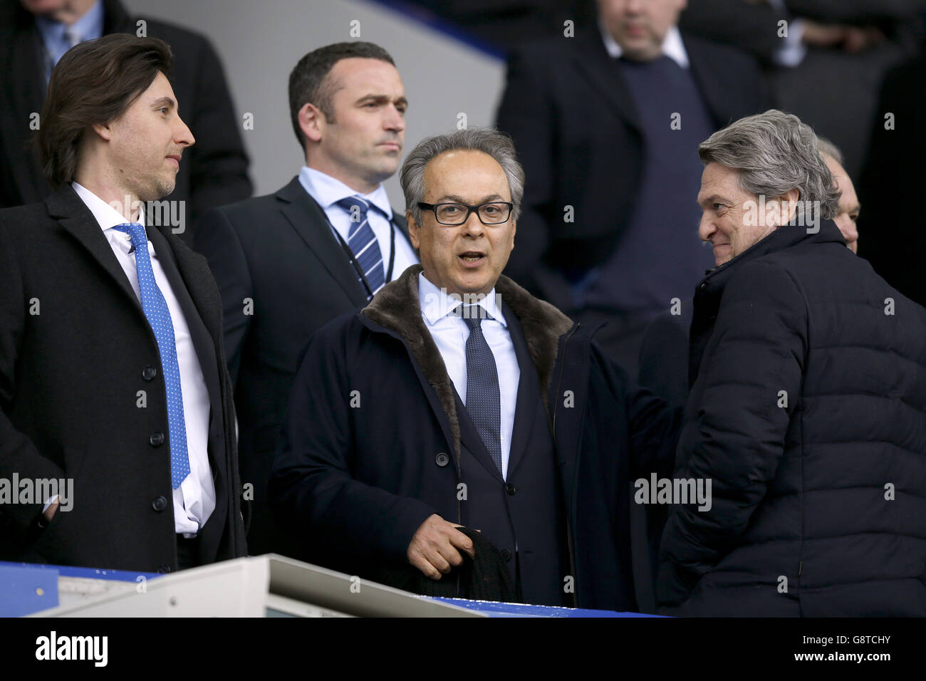 New Everton owner Farhad Moshiri (centre) in the stands before the Barclays Premier League match at Goodison Park, Liverpool. Stock Photo