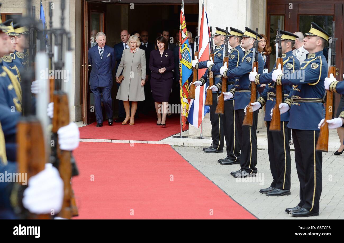 The Prince of Wales, the Duchess of Cornwall (centre) and President Jahjaga arrive to take part in a memorial ceremony for those missing as a result of the conflict in Kosovo, in Pristina, Kosovo, on the final day of their four country six day tour to the Balkans. Stock Photo