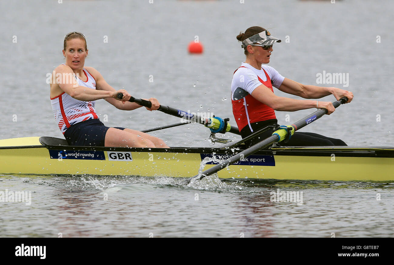 Helen Glover (left) and Heather Stanning compete in the Women's W2 A Final during the British Rowing Olympic Trials event at Caversham Lakes. Stock Photo