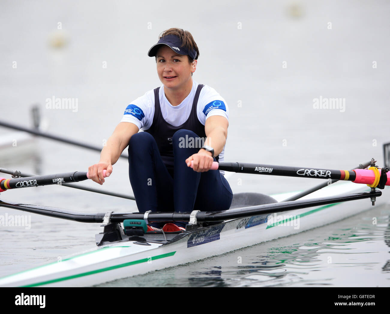 Charlotte Taylor after the Women's LW1x A Final during the British Rowing Olympic Trials event at Caversham Lakes. Stock Photo