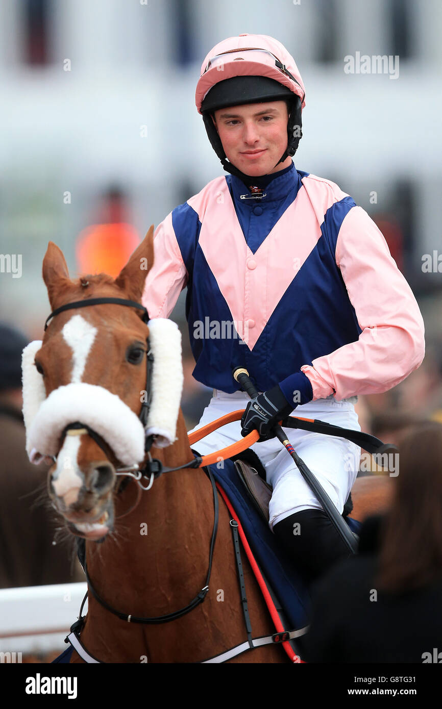 2016 Cheltenham Festival - Gold Cup Day - Cheltenham Racecourse. Jockey Timothy Donworth on Current Exchange prior to the St. James's Place Foxhunter Chase Challenge Cup Stock Photo
