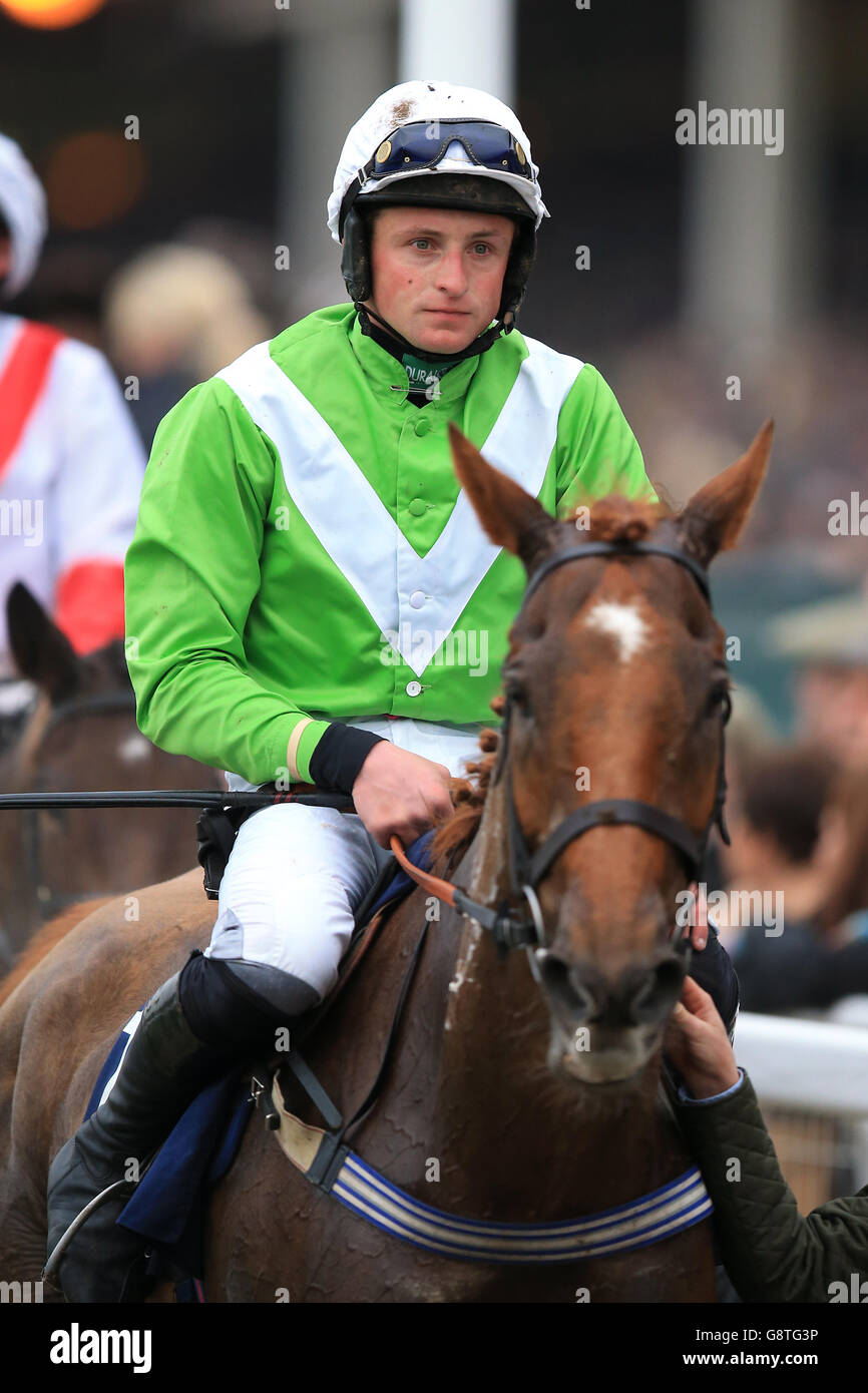 2016 Cheltenham Festival - Gold Cup Day - Cheltenham Racecourse. Jockey Robert Hawker on Indiana Bay prior to the St. James's Place Foxhunter Chase Challenge Cup Stock Photo