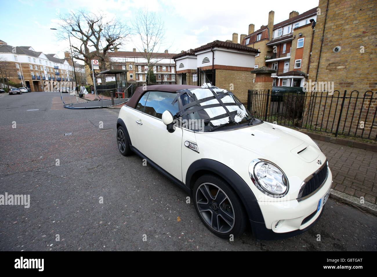 A trampoline damaged a windscreen on Rotherhithe Street in London, during high winds brought on by Storm Katie. Stock Photo