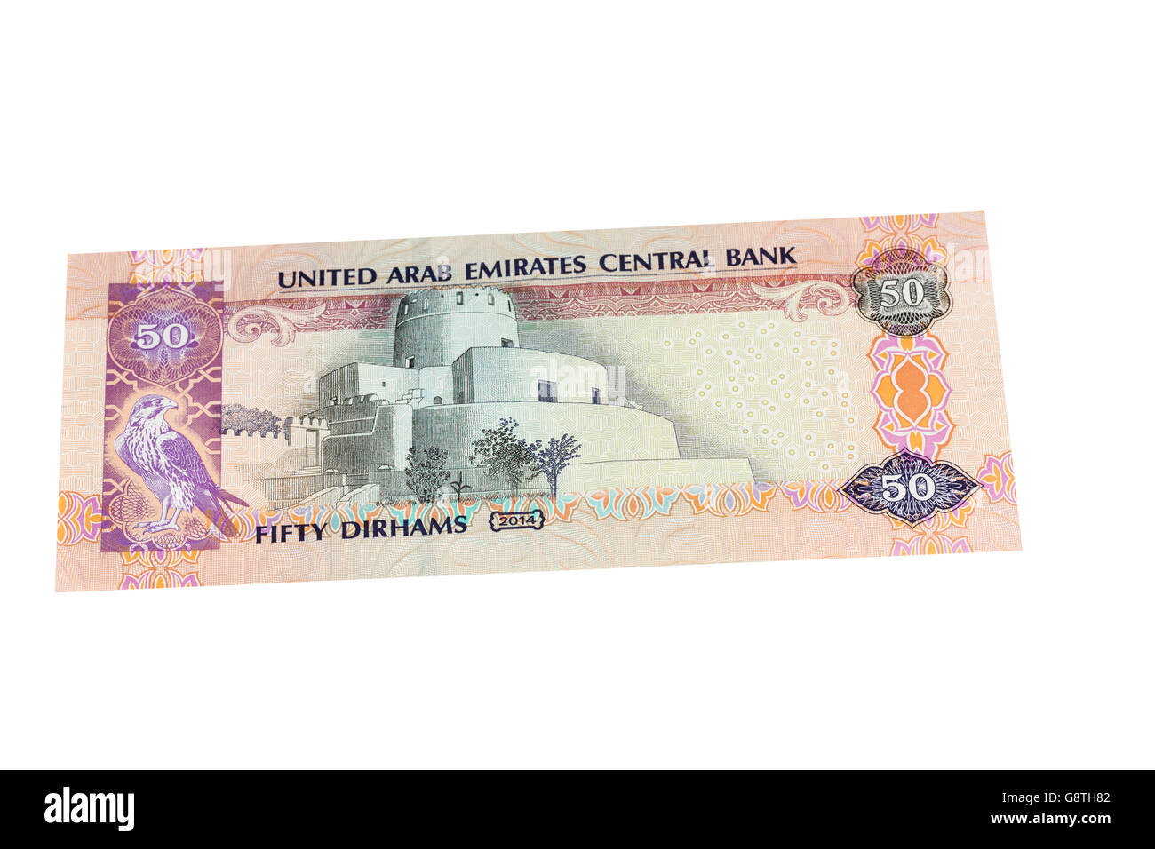 United Arab Emirates UAE fifty Dirham note on a white background Stock