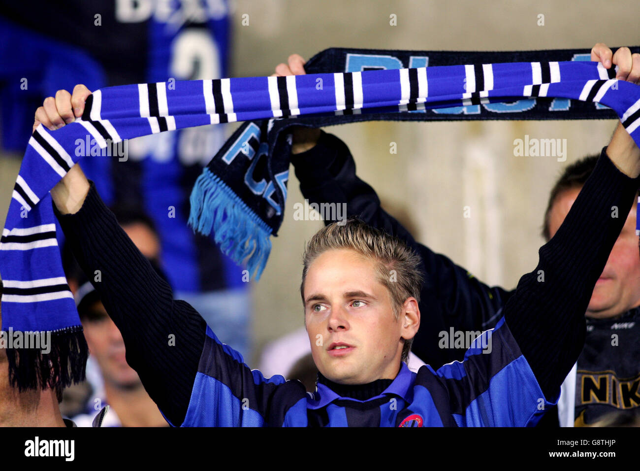 BRUGGE, BELGIUM - OCTOBER 27 : Young Club Brugge fans joking with