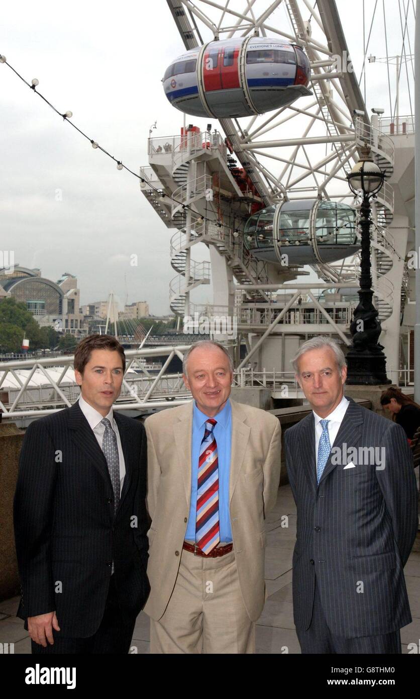 (From left to right) US actor Rob Lowe, Mayor Ken Livingstone and Tube Managering Director Tim O'Toole in front of two of the capsules on the London Eye are covered to look like a London bus and tube train to launch Everyone's London Transport offer. The campaign aims to encourage Londoners and visitors to get out and about to enjoy the very best that London has to offer. Stock Photo