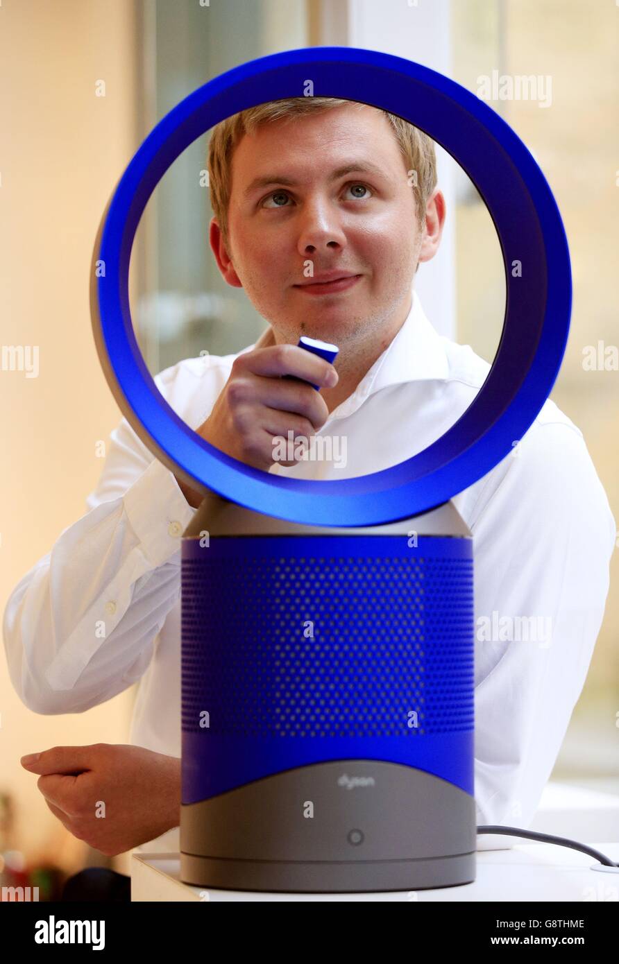 Chief Engineer for the Dyson Pure Cool Link product range Hugo Wilson  demonstrates the desktop model of the product at the unveiling of the Dyson  Pure Cool Link air purifier at the