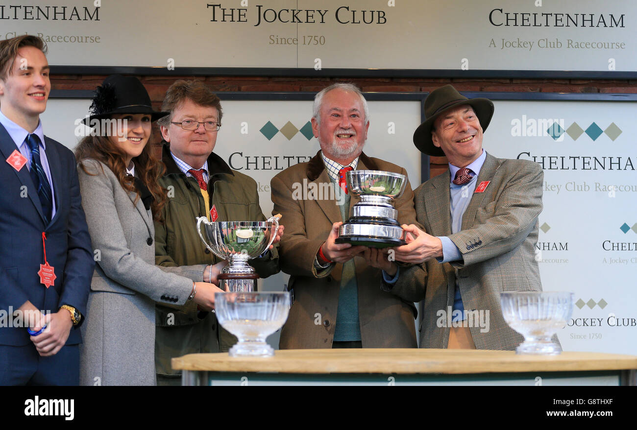 Winners trophy presentation after Superb Story wins the Vincent O'Brien County Handicap Hurdle during Gold Cup Day of the 2016 Cheltenham Festival at Cheltenham Racecourse. Stock Photo