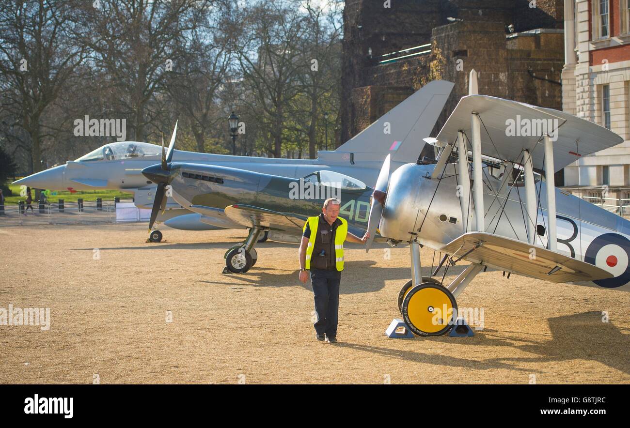 (left to right) A replica Eurofighter Typhoon, a Mk16 Spitfire and a Sopwith Snipe are displayed on Horse Guards Parade, in central London ahead of the 100th anniversary of the RAF which was formed in 1918. Stock Photo