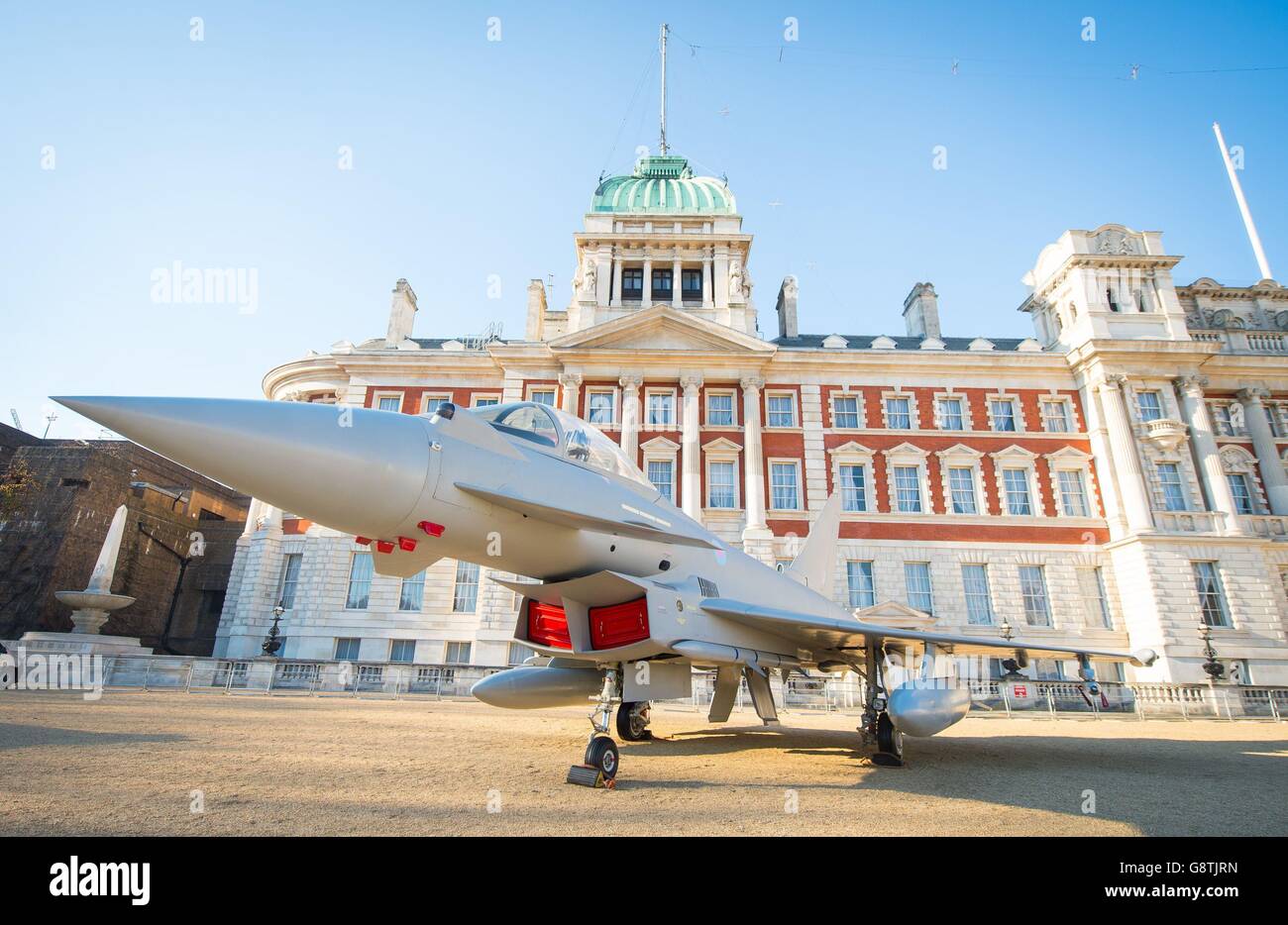 A replica Eurofighter Typhoon is displayed on Horse Guards Parade, in central London ahead of the 100th anniversary of the RAF which was formed in 2018. Stock Photo