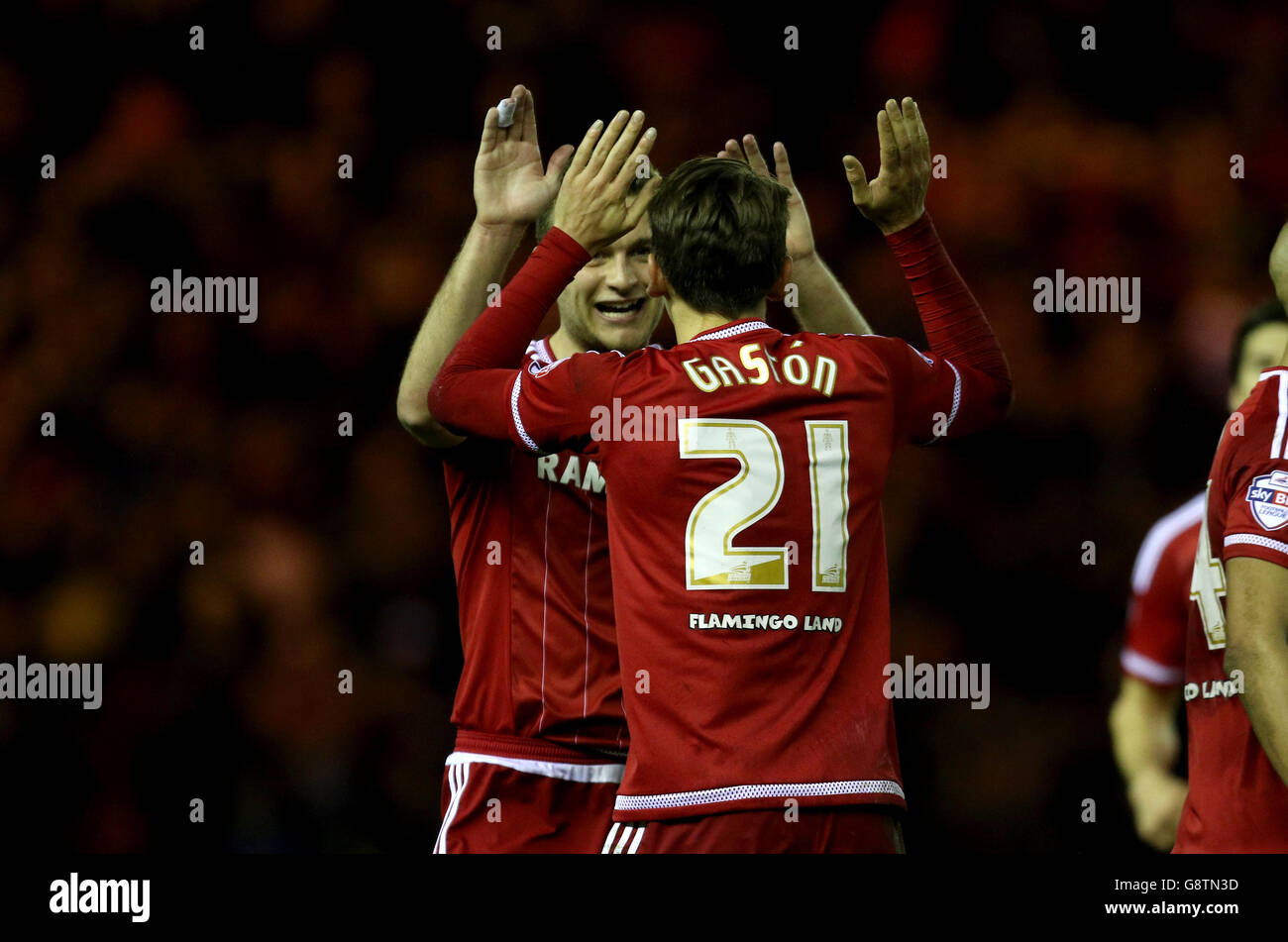 Middlesbrough's Gaston Ramirez (right) celebrates scoring his side's second goal of the game with teammate Ben Gibson during the Sky Bet Championship match at the Riverside Stadium, Middlesbrough. Stock Photo