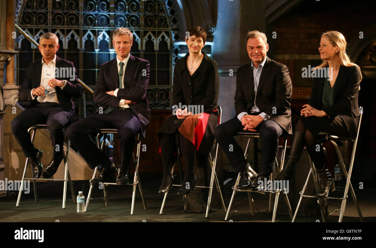 (Left to right) Labour candidate Sadiq Khan, Conservative candidate Zac Goldsmith, Liberal Democrats candidate Caroline Pidgeon, UKIP candidate Peter Whittle and Green candidate Sian Berry during The London Debate with LBC and ITV News at The Union Chapel in London. Stock Photo