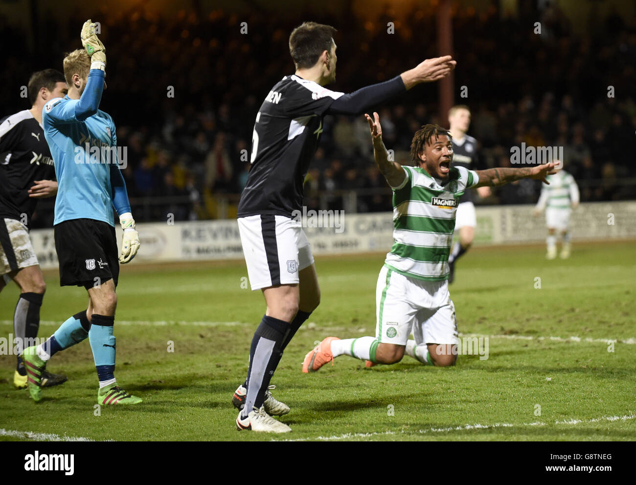 Celtic's Colin Kazim-Richards appeals for a penalty after being brought down by Dundee's Darren O'Dea during the Ladbrokes Scottish Premiership match at Dens Park, Dundee. Stock Photo