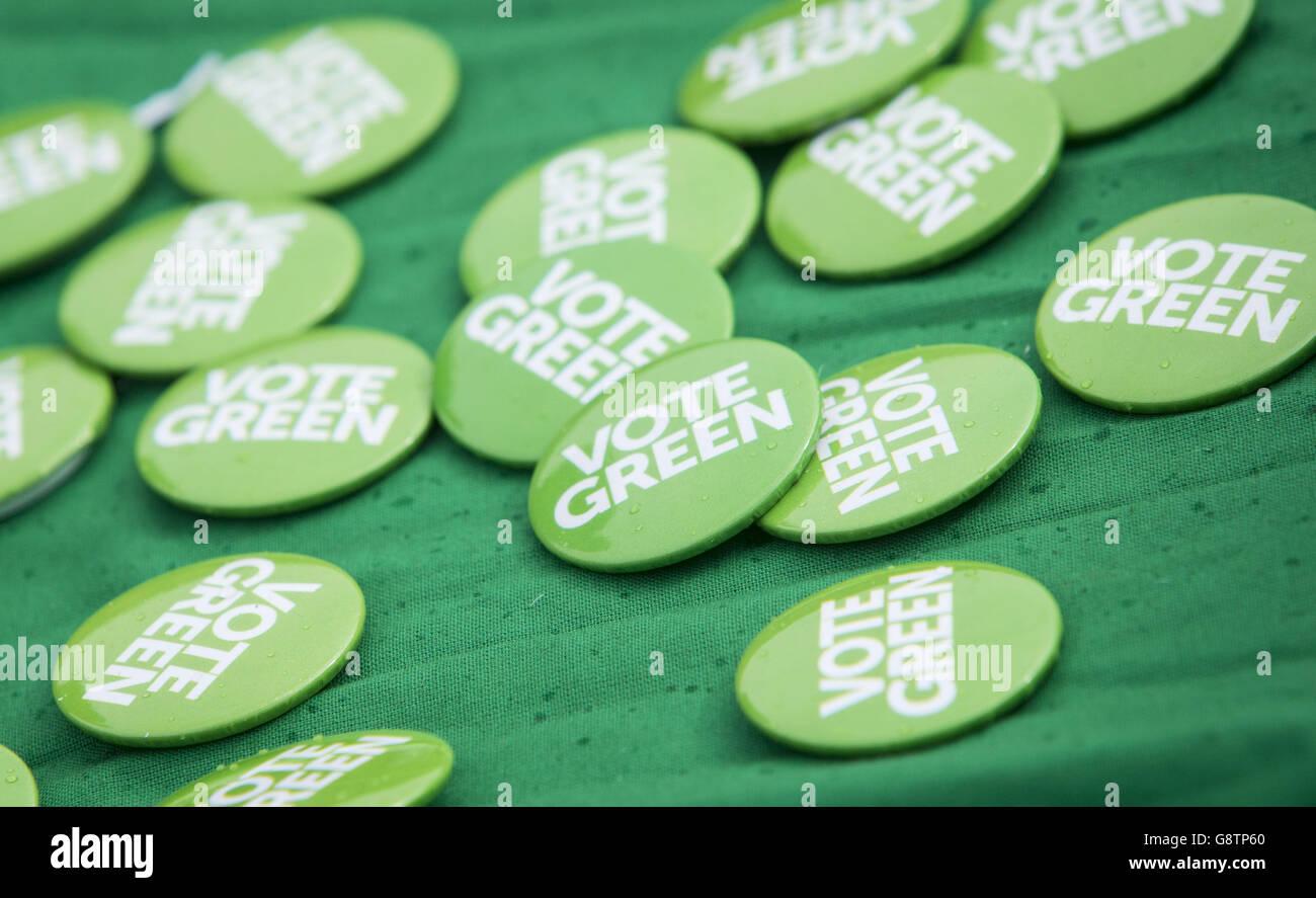 Green Party badges as the party launches its West of Scotland campaign during a visit to Paisley. Stock Photo